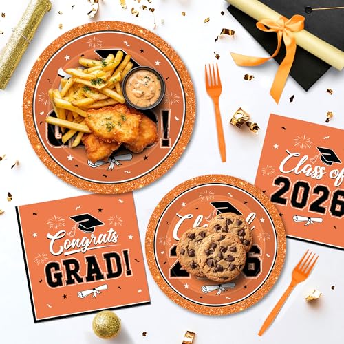 Image of QZYL 50 Set Graduation Supplies 2026, Orange Graduation Plates and Napkins, Disposable Dessert Plates and Plastic Forks, 200Pcs Grad Party Tableware for Wedding, Birthday, Graduation