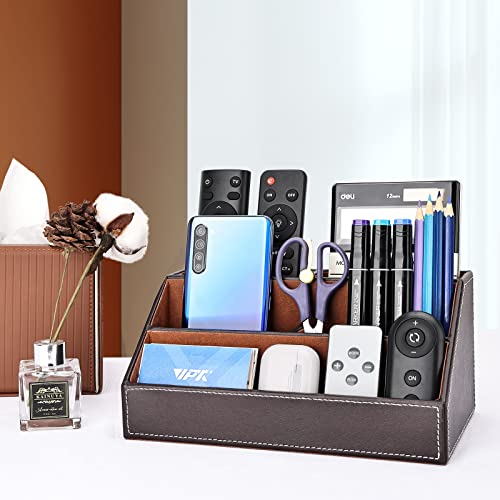 KINGFOM-Pu-Leather-Desk-Organizer-with-5-Compartments-Holder-Multi-Functional-Office-Supplies-Storage-Caddy-for-PenPencil-Phones-Remote-Controller-and-Desktop-Accessorie-Brown