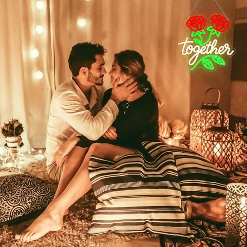 Image of Looklight Together Neon Sign Wedding Neon Signs for Wall Decor Flower Light Happy Anniversary Sign Rose Wall Decor Led Lights for Anniversary Celebration Wedding Party Bedroom Home Decorations Gifts