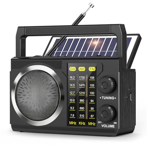 PRUNUS J-135 AM FM Radio Portable Bluetooth,Solar/AA Battery Operated/USB-C Emergency Radio with Flashlight, Transistor Radios Support TF Card/USB Playing,Large Knob Easy to Use Gifts for Mom