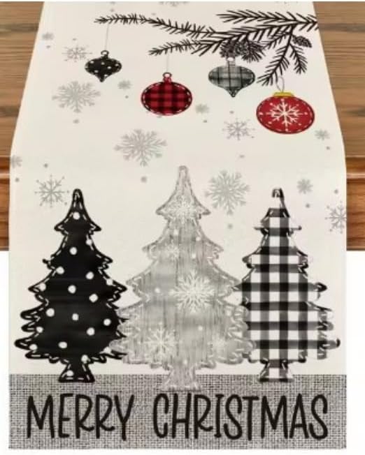 Camino de mesa de Navidad de 72 x 13 pulgadas, árbol de Navidad y adorno, decoración de mesa navideña con copos de nieve para comedor, cocina y