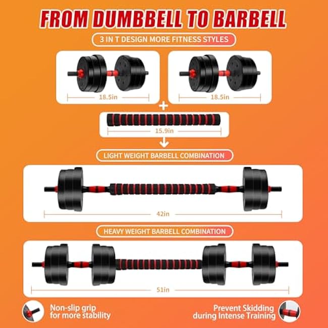 Adjustable Weights Dumbbells Set, 40lbs Free Weights with Connector, Convertible Dumbbell Barbell Push-up Stand Set, 3 in 1 Home Gym Fitness Weight Set for Men and Women