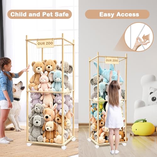 Image of Stuffed Animal Storage, Wood Stuffed Animal Zoo Storage with Brake Wheels, Space Save Toy Organizer, Large Capacity Stuffed Animal Holder, Perfect for Nursery Playroom Kidroom Bedroom-62.6 Inch