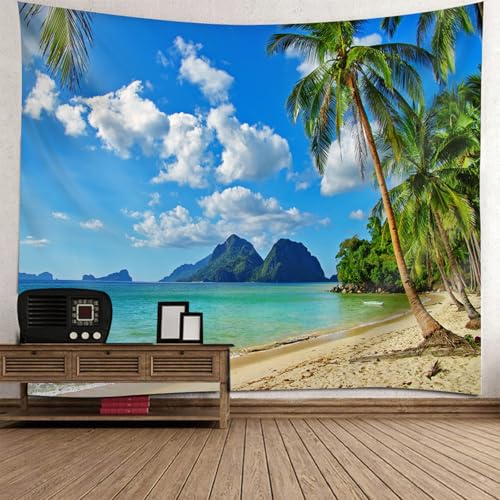 Tenture murale mer montagnes cocotiers pour habiller un grand mur vide de salon moderne