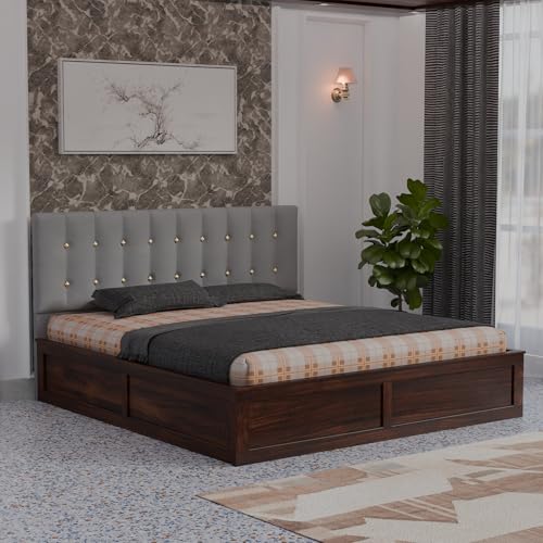 Image of Sheesham Wood King Size Bed with Storage Box | Upholstered Beds | Platform Cot with Cushioned Headboard | Double Bed for Home | Recommended Mattress 78x72 Inch | Grey & Walnut Finish