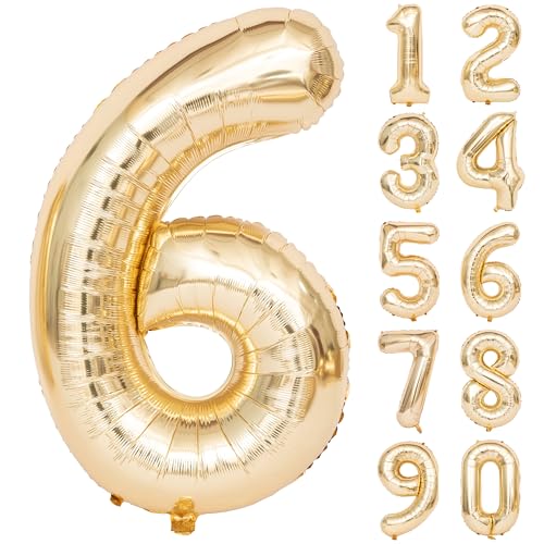 Image of 40 Inch Light Gold 6 Number Balloons Large Champagne Gold Number | White Gold Giant 6 Foil Mylar Helium Digital Balloon for 6th or 6st Anniversary Party Decorations Supplies