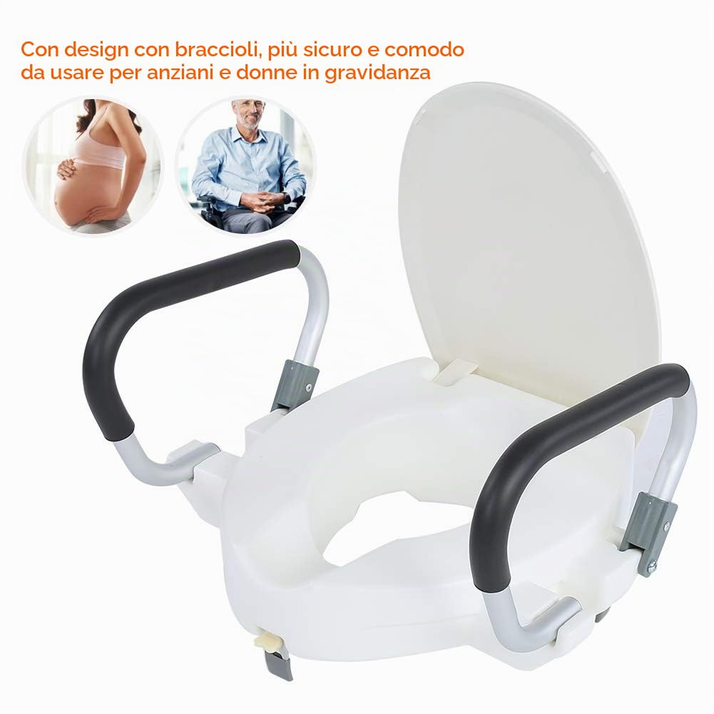 Wakects Rialzo per WC con Braccioli Ribaltabili e Coperchio, per Anziani o Disabili, Portata 150 kg, Bianco