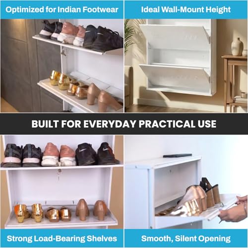 Image of Skywave luxury Wall Mounted Metal Shoe Rack with Lock - 1-2 Day Delivery | 5 Shelf, 25 Pairs | Heavy Duty Steel Shoe Cabinet | Central Locking | Space Saving | 3 Year Warranty (Ivory White, 26 Inches)