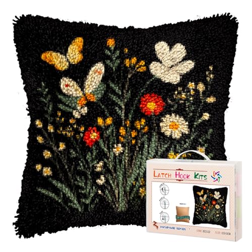 Image of DIY Latch Hook Pillow Kits for Adults Wild Flowers and Butterflies Printed Pillowcase Crochet Yarns Hooking Handmade Pillow Cover Cushion for Home Sofa Decoration 17x17inch-1