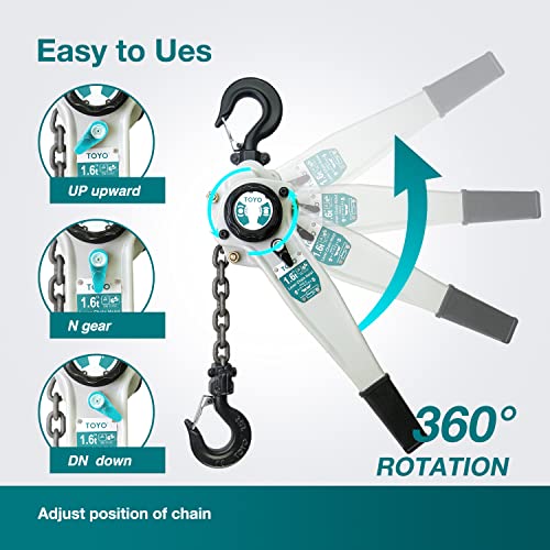 Image of TOYO Lever Chain Hoist 3500Lbs 20ft,Chain Come Along 1.6T 20Ft Ratchet Chain Puller Hoist Alloy Steel G80 Chain 2 Heavy Duty Hooks for Building Warehouse Automotive Garages Machinery (3500LB 20FT)