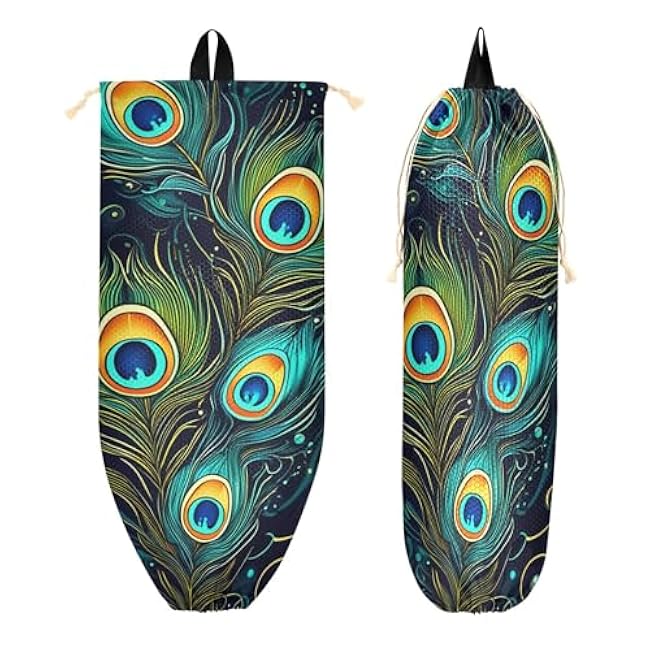 xigua Peacock Feathers Plastic Bag Holder Wall Mount with Drawstring 2 Pack, Reusable Grocery Bag Organizer Decor for Bags, Socks, Underwear, And Neckties