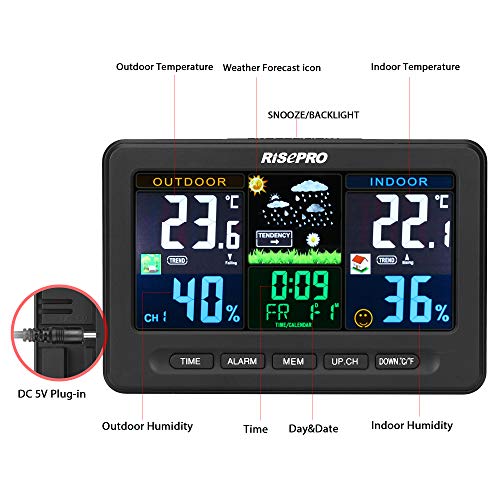 RISEPRO Wireless Weather Station with Outdoor Remote Sensor in/Out Temperature and Humidity Alarm Clock Calendar Thermometer Forecaster with Color LCD Display
