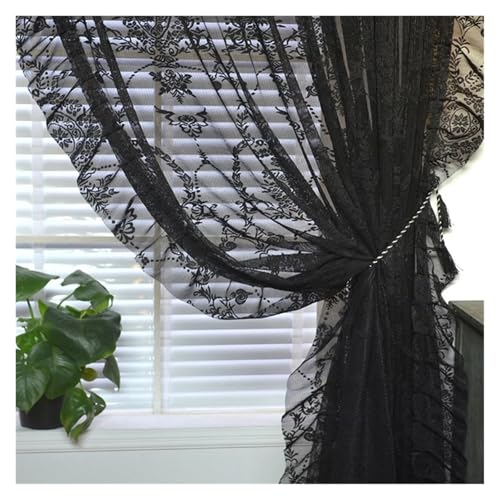 CGRSDSD Visillos Salon Cortinas de Tul Transparente con Encaje y Volantes con diseño Floral Negro Vintage romántico for Dormitorio, Sala de Estar, ventanal, Gasa de Malla(STYLE1_1 PCS W100 X H180CM)
