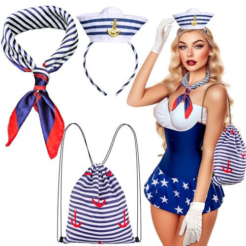 iZoeL Karneval Matrosen kostüm Damen, Matrosen Haarreif mit mütze Matrosen Schal weiße Handschuhe Blaue Streifen Tasche Karneval kostüm...
