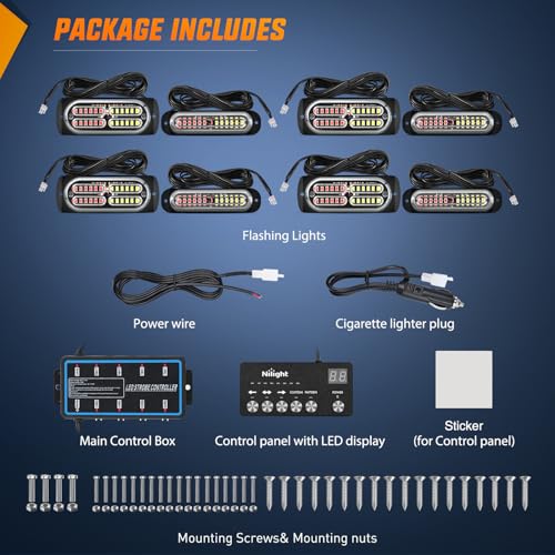Image of Nilight 8PCS Led Strobe Lights with Controller 12V 24V Sync Red White | Emergency Hazard Warning Light 12 24 LED Surface Mount for Vehicle Car Truck RV ATV