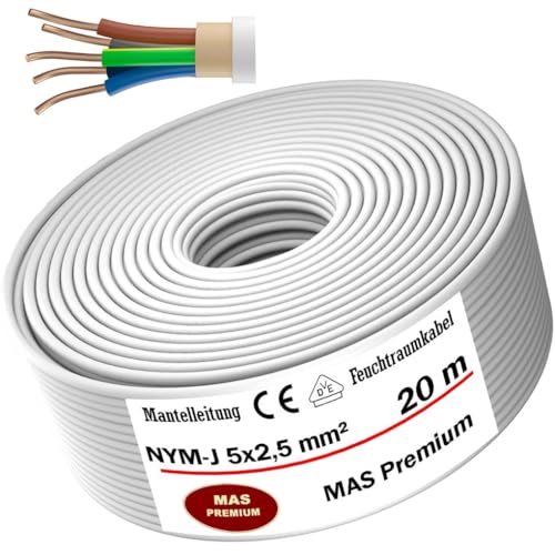 MAS Premium Feuchtraumkabel Stromkabel 5-170m Mantelleitung NYM-J 5x1 5 2 5 4 6 10 oder 16 Elektrokabel Ring für feste Verlegung (NYM-J 5x2 5 mm 20m)