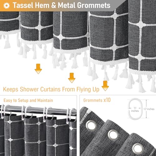 Image of BTTN 60 Inch Boho Farmhouse Linen Weighted Fabric Shower Curtain Set with 10 Plastic Hook, Narrow Bohemian Country Decorative Curtain for Bathroom - 60x72 - Charcoal Grey