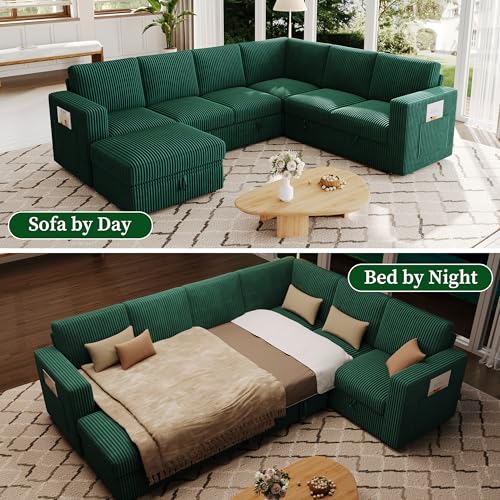 Image of Sectional Sleeper Sofa, Pull Out Couch with Storage,Green,7 Seat