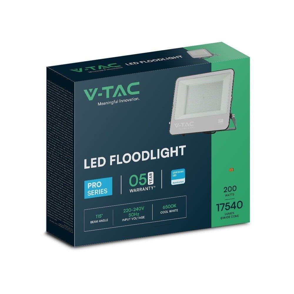 V-TAC Faro LED – alloggiamento nero – Samsung – IP65 – vetro nero + grigio – 200 Watt – 17540 lumen – 6500 K – 5 anni