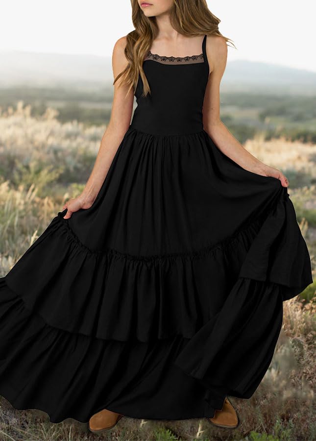 Kids4ever Girls Long Strap Dress Ruffle Kids Backless Tiered Maxi Dresses Party 6-13 Years3