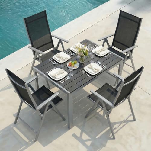 LIFERUN 5-Teiliges Gartenmöbel Set, Aluminium Balkonmöbel Set, 4pcs Verstellbare Hochlehner Klappstühle +110x70cm WPC Wetterfest Rechteckiger Terrassentisch,Essgruppe Sitzgruppe Outdoor, Silber Grau