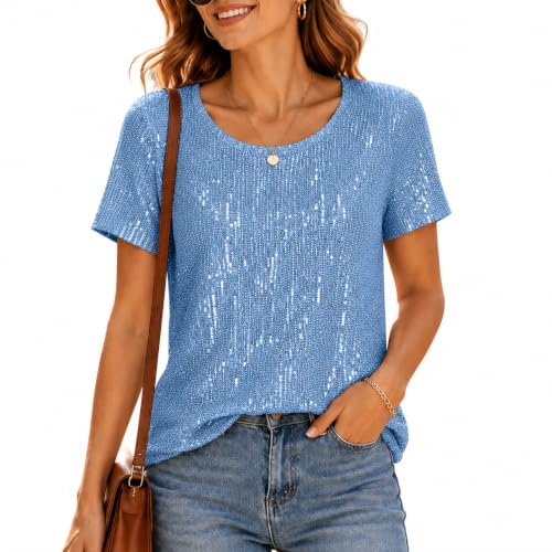Sparkly Tops for Women Short Sleeve Crew Neck Sequin Shirts Holiday Blouse