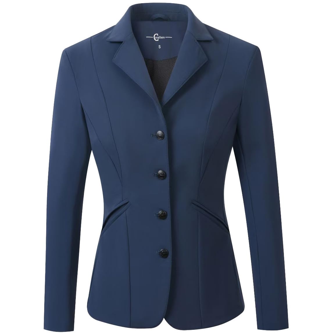 Covalliero - Damen Turnierjacket Competition FS26 – Turniersakko mit 4-Knopf-Leiste, 2 Ziertaschen & 2 Reitschlitzen – perfekte Passform – Turnierjacke in Dunkelblau (Dark Navy) – Gr. XS-XXL