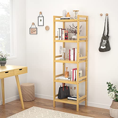 Homykic Bamboo Bookshelf, 5-Tier Narrow 55.9” Adjustable Book Shelf Bookcase Bathroom Shelves Freestanding Storage Stand For Living Room, Bedroom, Kitchen, Rust Resistance, Easy Assembly, Natural #TOP3