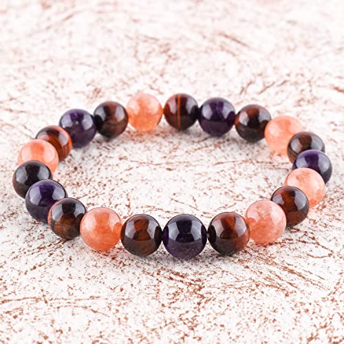 Triple Crystal Healing Bracelet - Sunstone - Red Tiger's Eye - Amethyst Handmade Bracelet Stretchable Genuine Round Beaded 10Mm Unisex Jewelry Chakra Stones - Yoga - Energy - Spiritual #TOP1