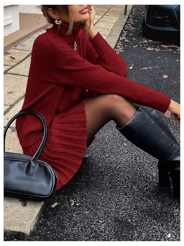 Image of MakeMeChic Women's Sweater Skirt Sets 2 Piece Outfits Ribbed Knit Mock Neck Sweater Pullovers A Line Mini Skirt Set S-Red Large