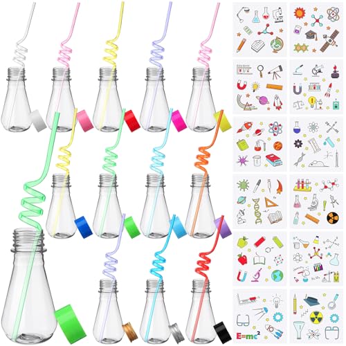 Jingmore 36 Pcs Science Party Theme Cups Set with Silly Loop Straws Science Stickers Plastic Reusable Small Conical Flask Bottles Test Tubes for Birthday Party Decorations(Conical Flask)