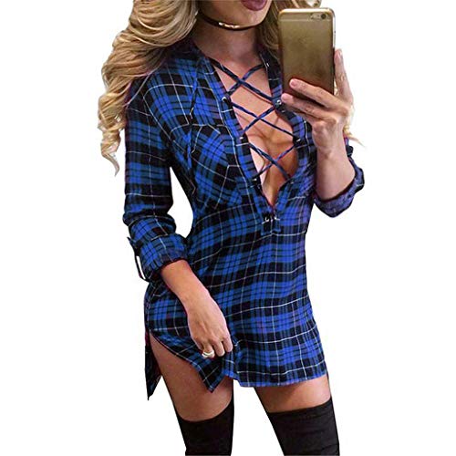 ORANDESIGNE Karierter Kleid Damen Aushöhlen V-Ausschnitt Hemdrock Schlitzkleid Minikleid Bluse Hemd D Blau L