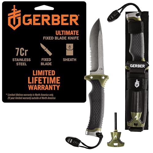 Gerber Gear Ultimate Survival Knife, Fixed Blade Knife with Combo Edge, includes Fire Starter Edge and Ferro Rod, Whistle, Sheath with Integrated Sharpener - Bushcraft, Hunting and Camping Tool