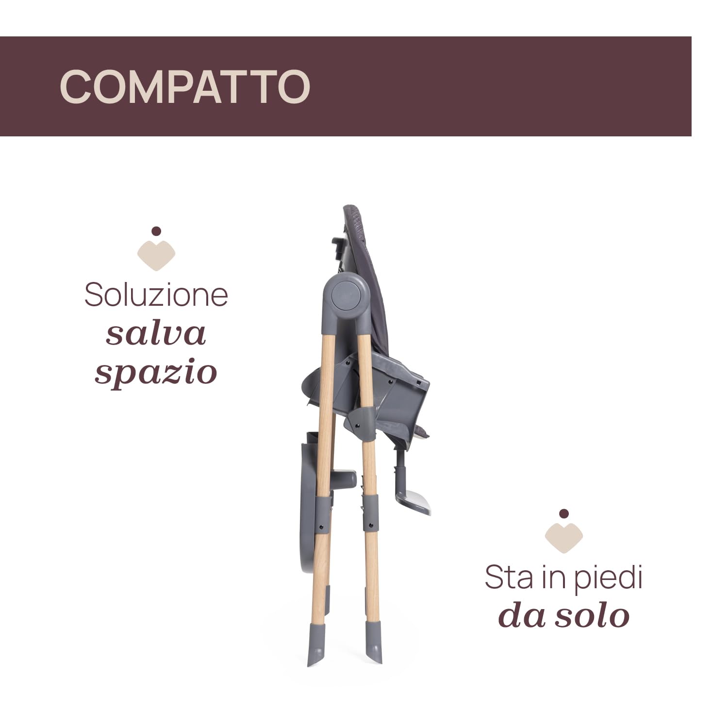 Chicco Polly Essential Seggiolone Pappa Evolutivo per Bambini da 0 Mesi a 15 KG, Reclinabile in 3 posizioni, 7 Livelli di altezza, Chiusura Compatta, Tessuto in poliestere riciclato, Grigio Scuro