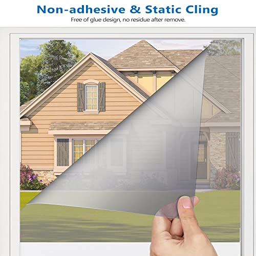Image of One Way Window Film Privacy Tint Glass Cling Coverings UV Reflective Sun Blocking Heat Control Non-Adhesive Window Shades Film,Visible in One Side Mirror Tint for Home Office Silver 23.6 x 78.7 Inch