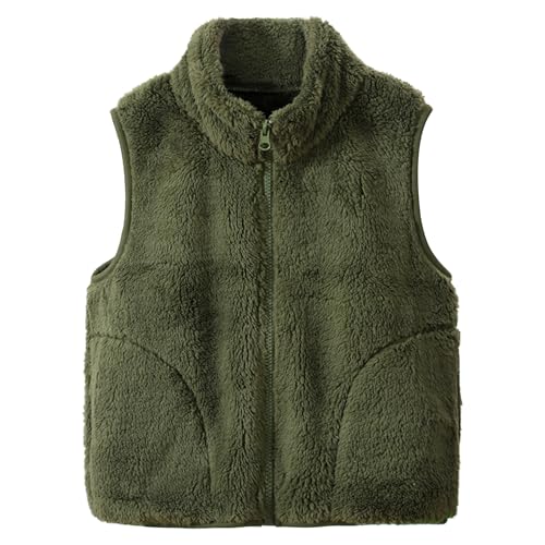 Niño pequeño Chaleco Polar Infantil Coral Cuello con Cremallera Chaqueta Sin Mangas Ropa de Abrigo Primavera Otoño Invierno Transiciones Estaciones Niños Lindo Chaleco Caliente, Verde Oliva 110