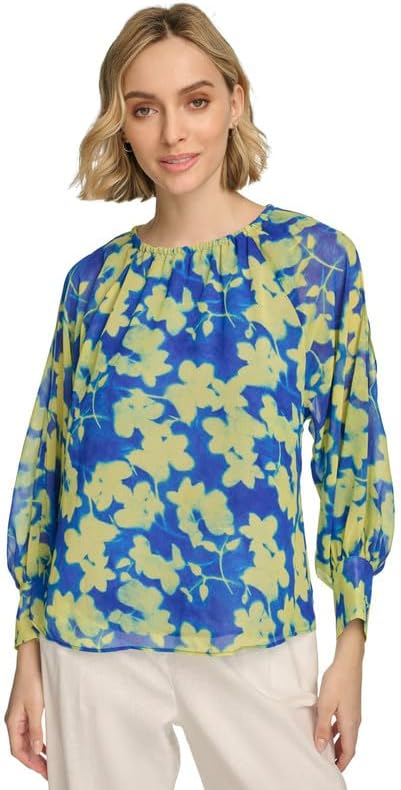 Calvin Klein Women's Floral-Print Gathered Cold-Shoulder Blouse (Dazzling Blue Multi, X-Small) - Image 2