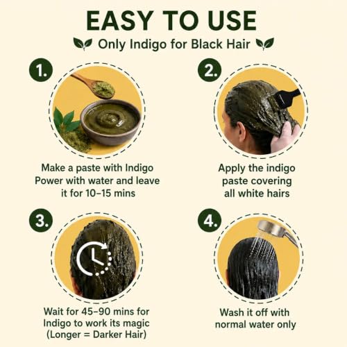 Image of Natural & Pure Indigo Powder for Grey hair (ZERO CHEMICAL), Large Pack, Organic Indigo Powder for hair Black. NO PPD, NO AMMONIA. Microfine & Triple Filtered, with Gloves & Cap, Avuri Akulu, Indigofera Tinctoria(200gm)