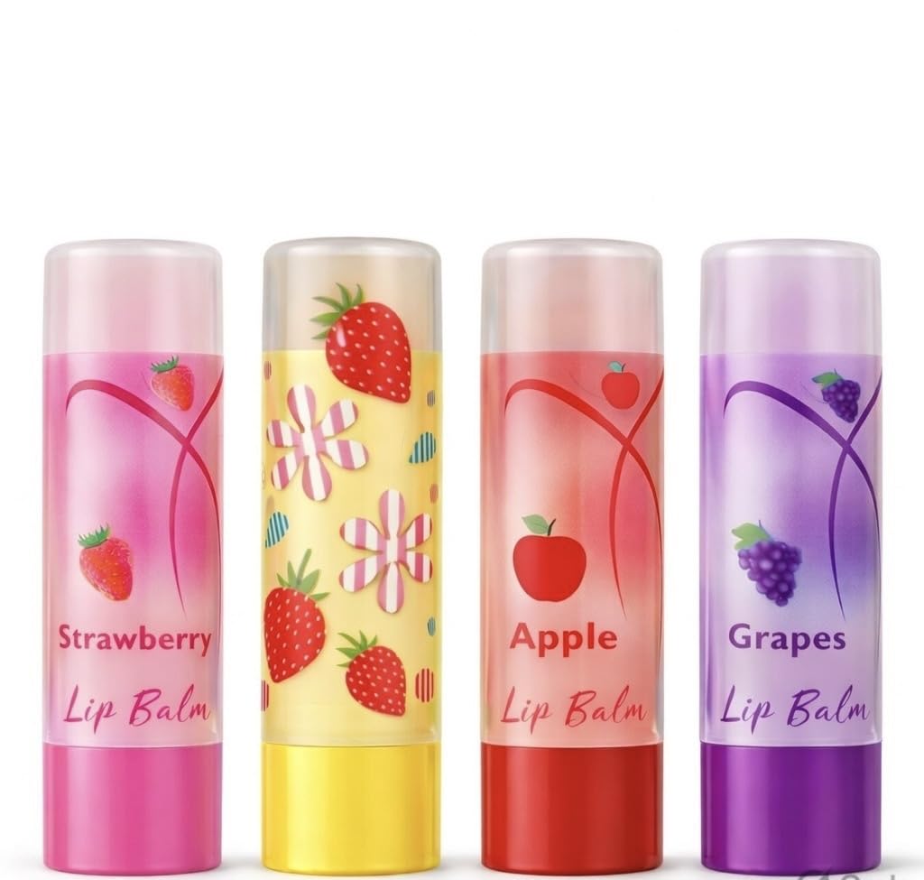Fruit Flavoured Lip Balm Set, Strawberry, Apple and Grapes, Pack of 4-image-49
