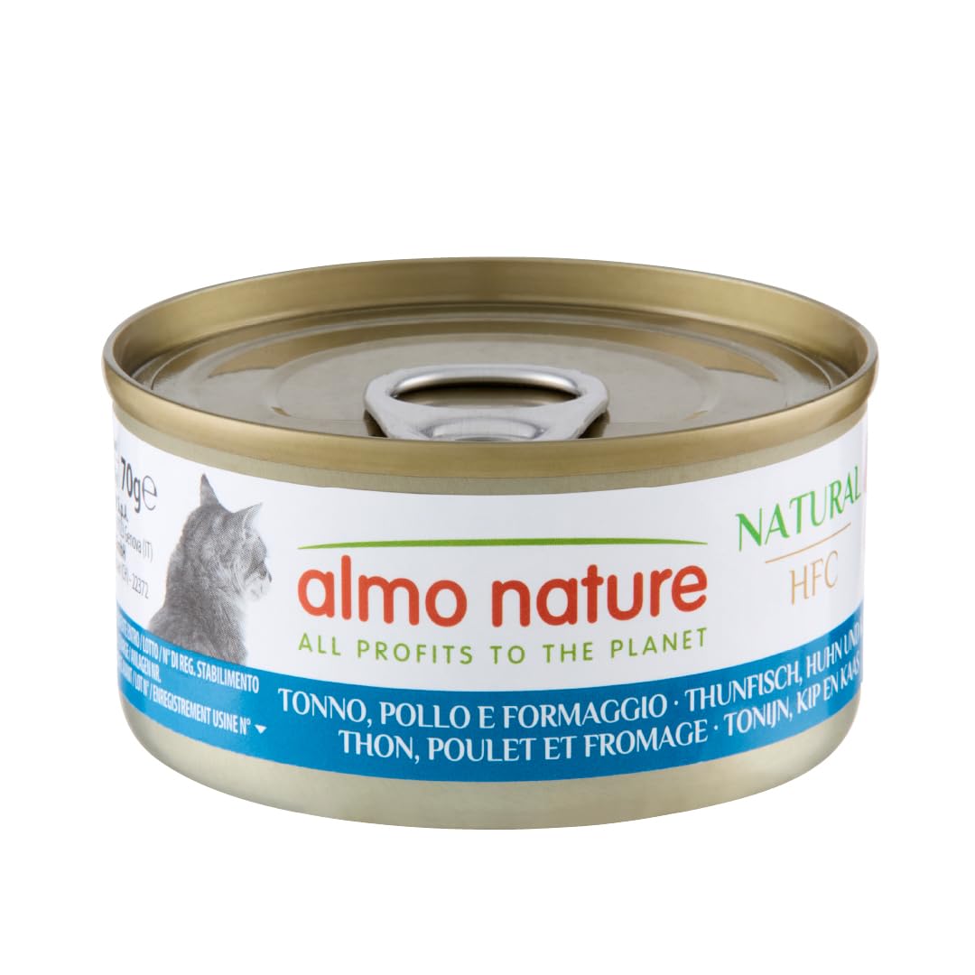 Almo Nature HFC Natural Katzenfutter nass - Thunfisch, Huhn und Käse 24er Pack (24 x 70g)
