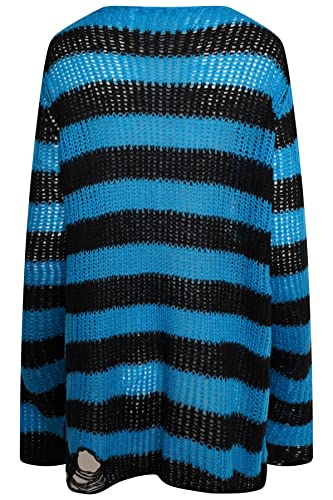 Image of Ro Rox Gothic Knitted Jumper with Distressed Look - Oversized Pullover Ripped Design, Loose Fit, 90s Grunge Stripe Pattern