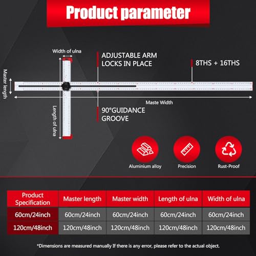 PENGZHAN - Adjustable Drywall T-Square Tool - Aluminum - for Layout and Marking - Features Sliding Head and Dual Directional Printed Scale - 48 Inch(120cm) - Image 7
