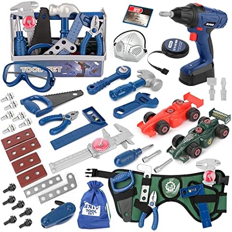 Vanplay Role Play Toys for 3 4 5 Year Old Boys Girls Kids Tool Set Tool Box with Electric Toy Drill Kids Tool Belt Tape Measure Cars Educational Toys Kids Toys Age 3 4 5 6 7(87Pcs) Cover