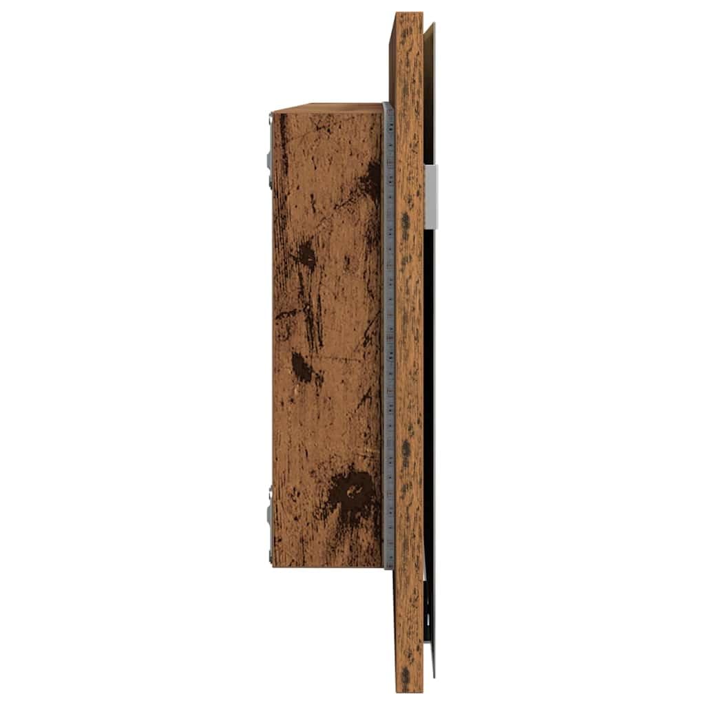 Lustro z ramą ze starego drewna 80 x 37 cm, szkło i drewno inżynieryjne, oświetlenie LED, montaż na ścianie, nowoczesne meble łazienkowe, miejsce do przechowywania i uzupełnienie umywalki