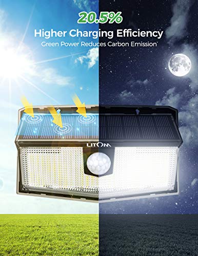 LITOM 160 LED Solar Motion Sensor Lights Outdoor, IP67 Waterproof Solar Powered Security Lights Wireless Solar Wall Lights with 3 Modes for Garden Patio Yard Deck Garage Fence Pool - Cold White 2 Pack