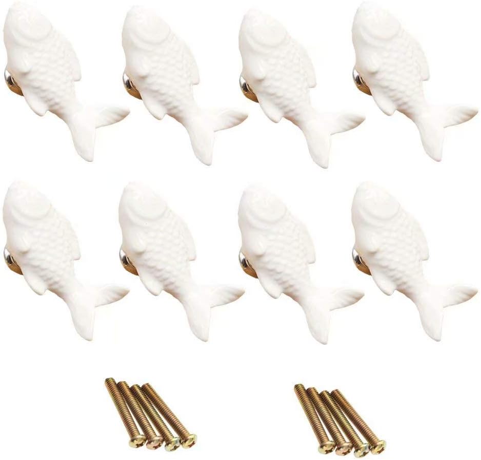 FirstDecor8pcs White Lovely Fish-Shaped Ceramic Door Knob/Handles/Pulls for Cupboard/Cabinet/Bathroom/Drawer Great Furniture Ornaments Nursery/Baby Room