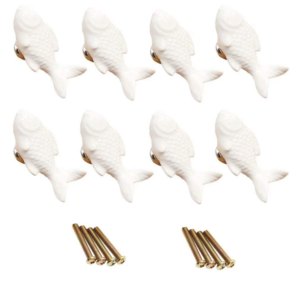 FirstDecor8pcs White Lovely Fish-Shaped Ceramic Door Knob/Handles/Pulls for Cupboard/Cabinet/Bathroom/Drawer Great Furniture Ornaments Nursery/Baby Room