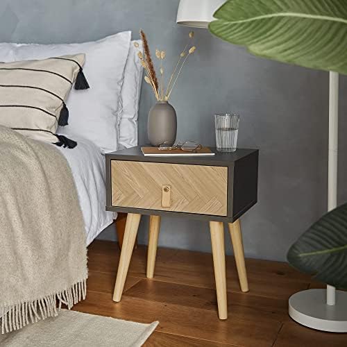 VonHaus Herringbone Bedside Table Set of 2  Matching Pair of Grey & Wood Effect Nightstands for Bedroom - Scandi Style Bedside Cabinets - Modern 1 Drawer Bed Side Tables for Living Room