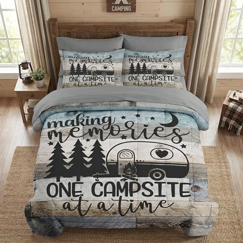 WeCozy 7 Pcs Queen Size Comforter Set with 2 Pillowcases & 2 Shams Retro Wood Camp Camper Bedding Set for Kids and Adults Inspirational Motivational Bed in a Bag with Flat Sheet and Fitted Sheet