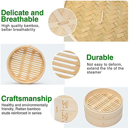 Bamboo Steamer, 2 Tiers Chinese Food Steamers, Traditional Design Healthy Cooking for Dumplings, Vegetables, Chicken, Fish - Handmade Steam Basket Included 2 Gauze Liners, 2-Tiers with Lid,20.3cm - Image 6